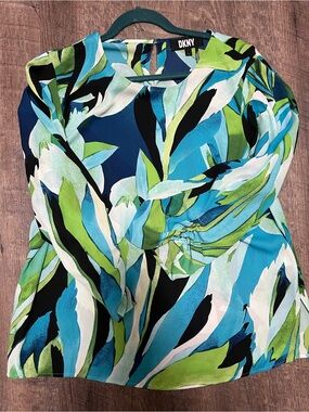DKNY Blue Green Black Abstract Print Dress Top